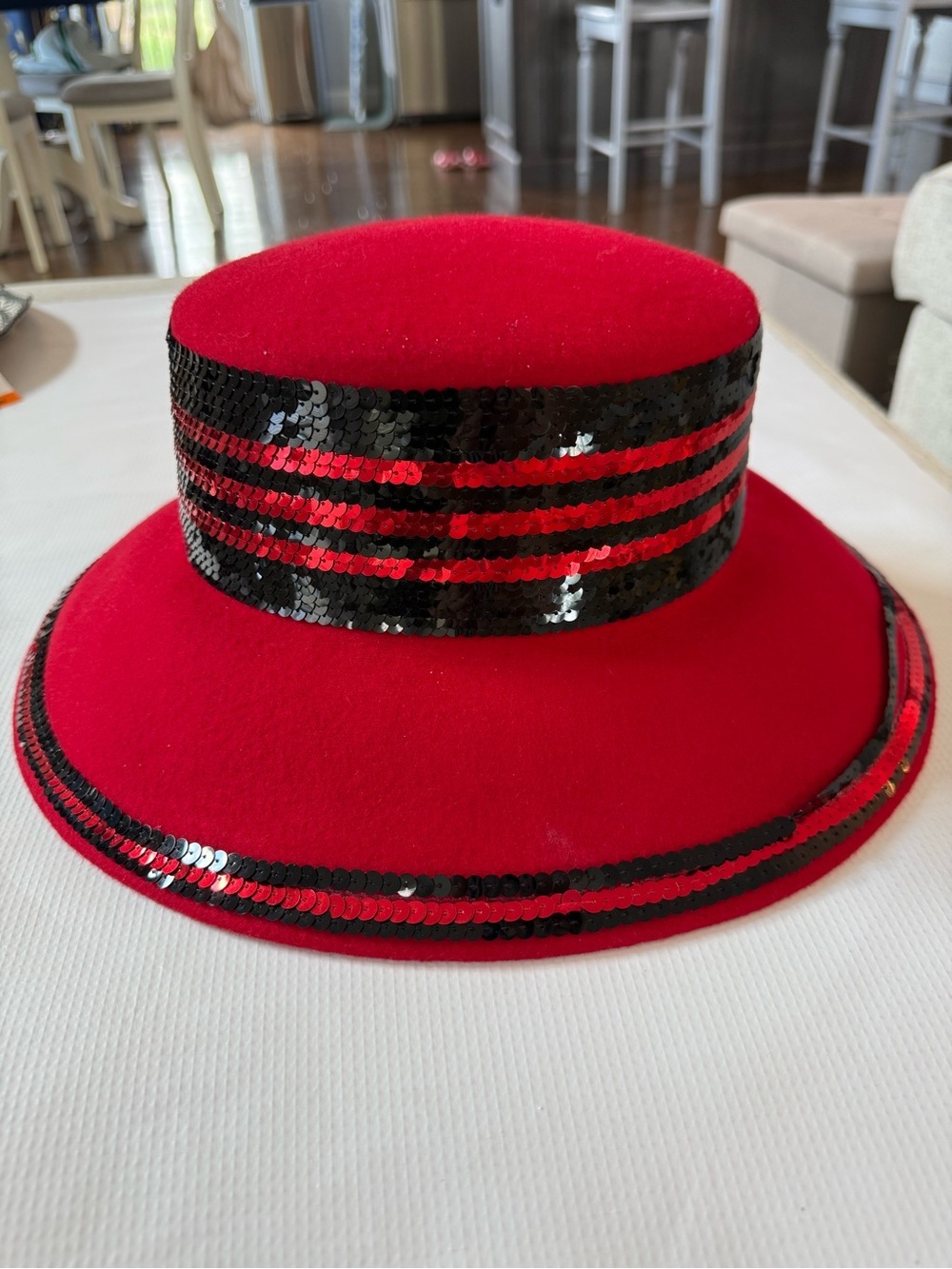 Kakyco Red Wide-Brim Women's Wool Hat with Black Sequin Band see pics